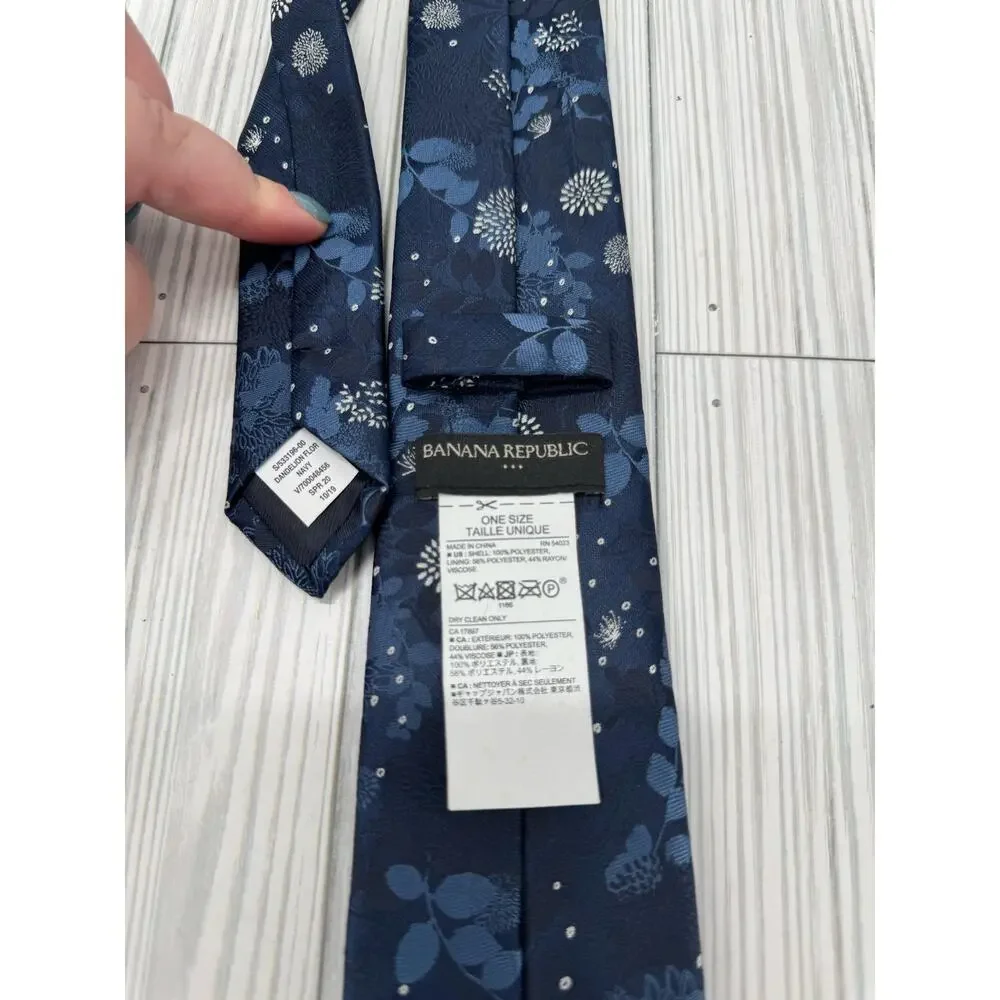 Banana Republic Men’s‎ Tie Navy Blue Dandelion Floral Print Polyester Necktie